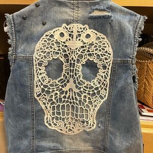 Denim Vest with Intricate Lace Skull Appliqué. Harley Davidson